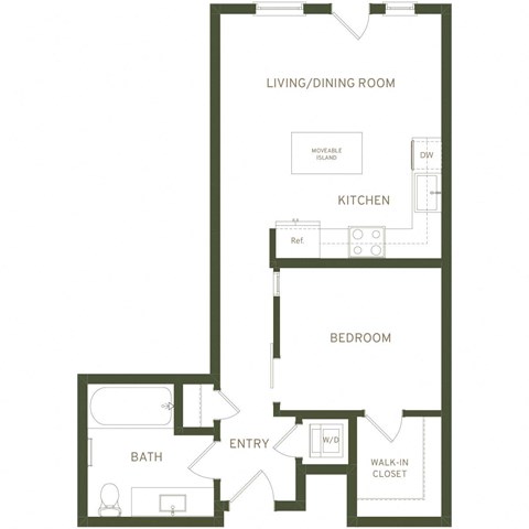 Floor plan for 1 bed, 1 bath, 651 sqft